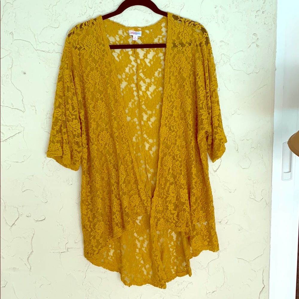 Lularoe Lindsay mustard lace kimono